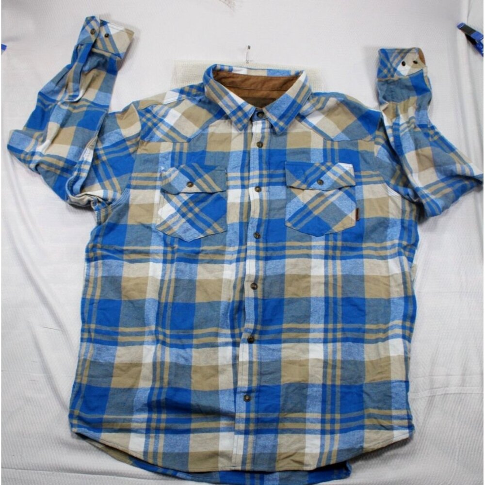Legendary Stockyards Mens XL‎ Plaid Flannel Shirt Blue & Tan 100% Cotton